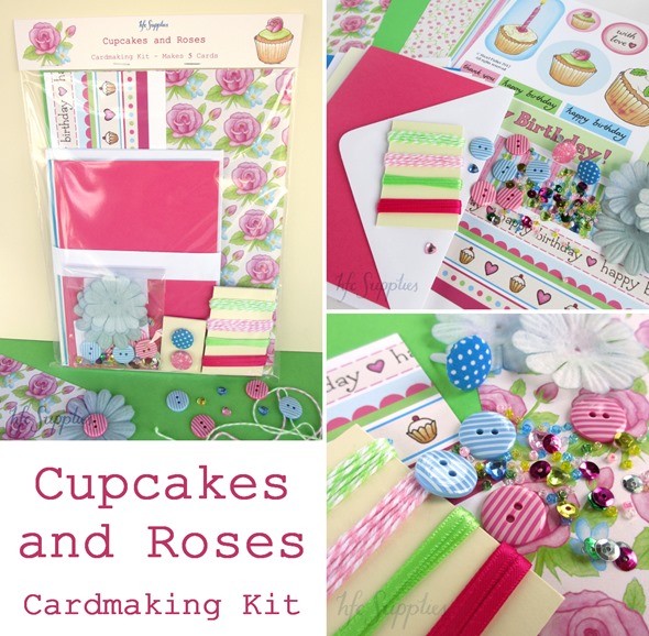 Cupcakes and Roses cardmaking kit 6 paper card buttons beads embellishments