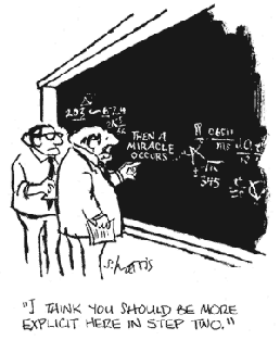 Sidney Harris cartoon - a miracle occurs here