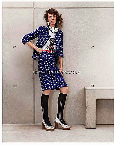 Marni H&M Blue Polka Dot Print Jacket, marni t-shirt, Blue printed skirt,  flower necklace Leather Shoes with Heels, Long socks
