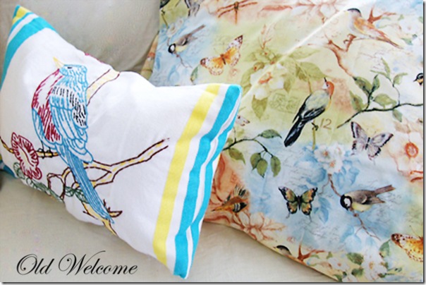 kitchen towel pillow bird turquoise yellow embroidery old welcome