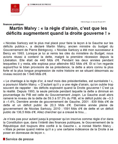 Comunicat de premsa de Martin Malvy 100711