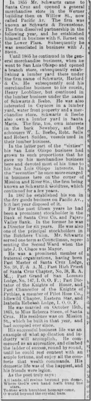 Schwartz Louis Obituary Santa Cruz Sentinel 24 May 1893 Part 2