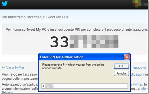TweetMyPC PIN di autorizzazione da immetere nell'applicazione per autorizzare il controllo remoto