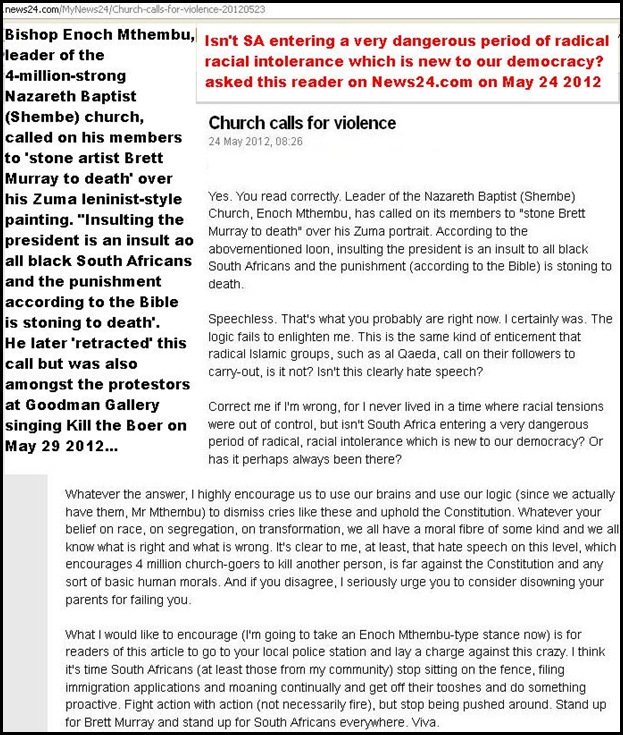 Black racist hatespeech ZUMA painting BAPTIST CHURCH LEADER ENOCH MTHEMBU CALLS FOR STONING TO DEATH OF ARTIST BRETT MURRAY