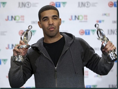 Double Juno winner Drake poses with his trophies at the Juno Awards Sunday, April 18, 2010  in St. John's N.L.. THE CANADIAN PRESS/Ryan Remiorz