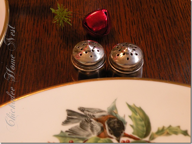 Christmas table, Chickadees and Holly china, sterling individual salt and pepper shakers