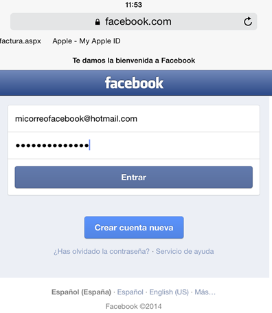 Interfaz de inicio de sesión en Facebook desde un iPad