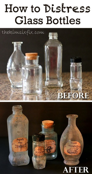 How to Distress Glass Bottles.. Make them look old and dirty, or tone it down and just make them look vintage. A great tutorial. 
