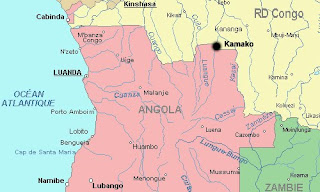 Une carte de Kamako (point noir), à la frontière avec l’Angola.