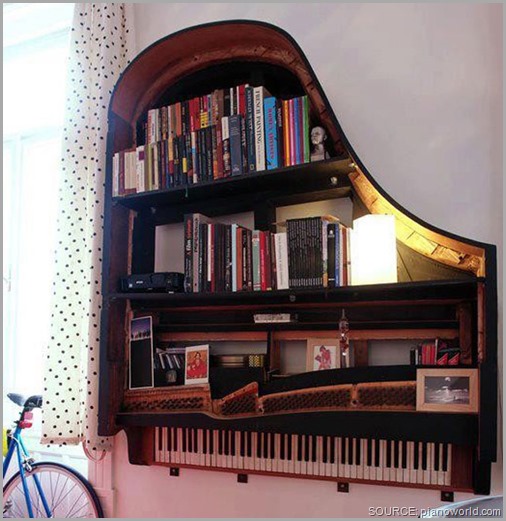 Yes, that's an old piano turned into a book case! CLICK to enlarge image.