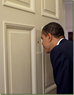 President Barack Obama looks through the Oval Office door peephole as his personal secretary Katie Johnson watches 3/12/09.
Official White House Photo by Pete Souza President Barack Obama looks through the Oval Office door peephole as his personal secretary Katie Johnson watches 3/12/09.
Official White House Photo by Pete Souza