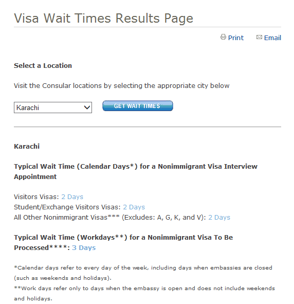 visa application processing wait time result page