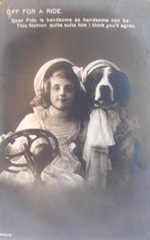 vintage postcard girl w dog in car