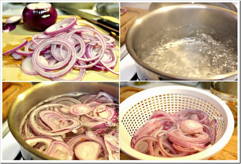 pickled red onions, step by step instructions with photos of the process.