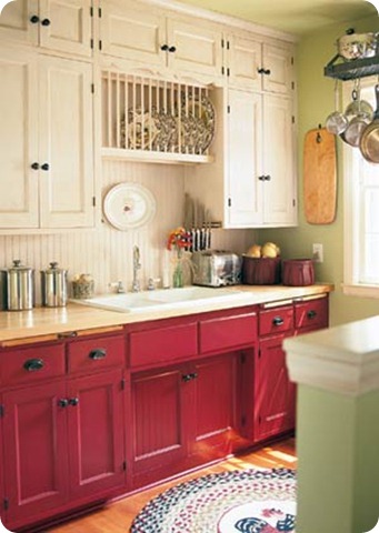 red&cream kitchen cabinets with beadboard backsplash