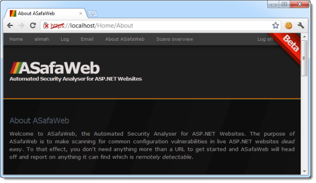 Il sito ASafaWeb in esecuzione localmente con un certificato autofirmato