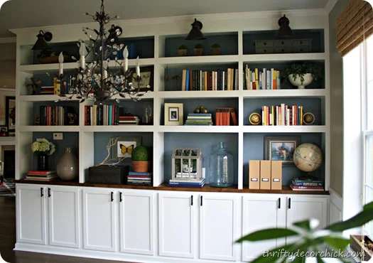 DIY built in bookcases with cabinet bases