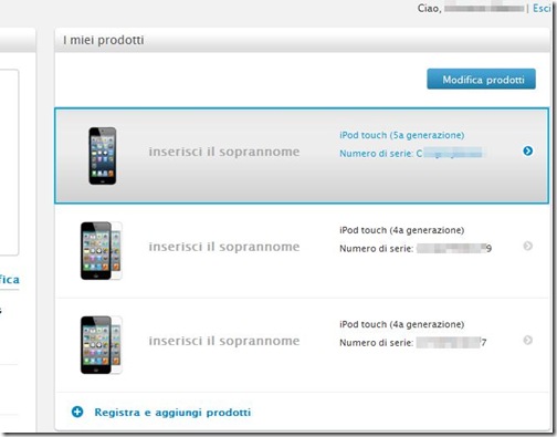 Apple Profilo del supporto vedere numero di serie dispositivi acquistati o registrati