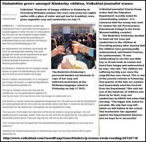 AFRIKANERS HUNGER MALNUTRITION amongst hundreds of Kimberley schoolkids reports Volksblad