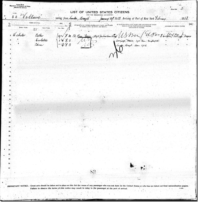 Passenger List for Esther, Carlota, and Edna Webster Feb. 19, 1913 Image Straightened Passenger List for Esther, Carlota, and Edna Webster Feb. 19, 1913 Image Straightened