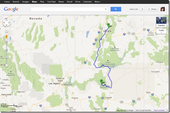 Googlemap from Manti, Utah to Grand Canyon