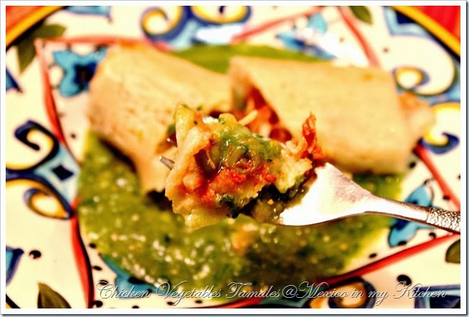 Chicken and Vegetables Tamales with green salsa 