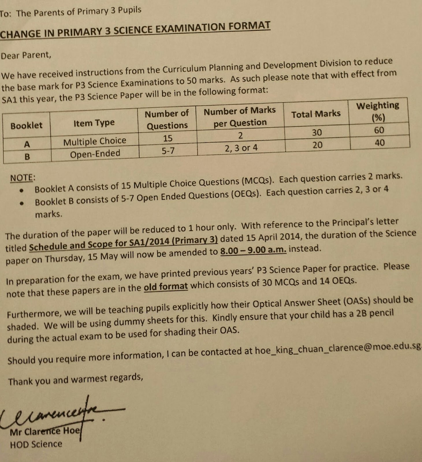 Welcome to Class 4B 2015!: Change in P3 Science Exam Format