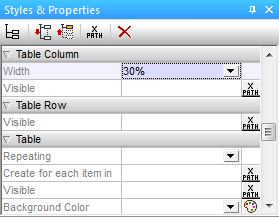 MobileTogether Properties Window showing column width setting