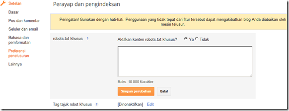 Preferensi penelusuran EDIT file robot txt