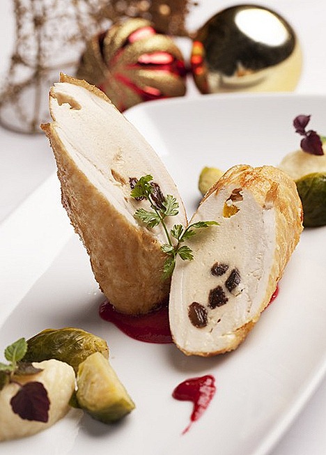 The Halia RestauRoast turkey supreme, apricot and raisin turkey roulade, potato puree, buttered brussels sprout  red currant jus