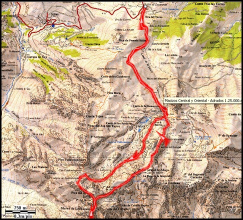 Mapa Jito Escarandi - Jierru 2424m - Lechugales 2444m - Grajal 2349m (Picos de Europa)