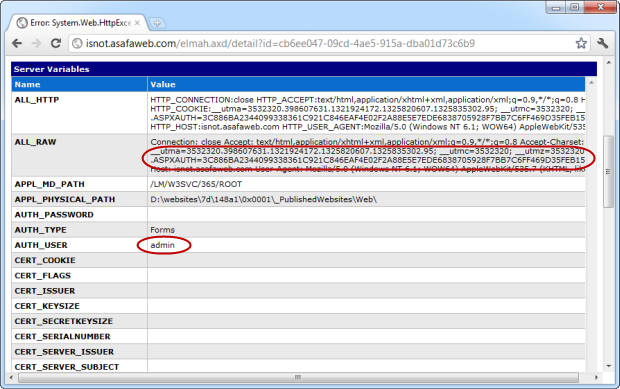 Le variabili del server nella voce di registro ELMAH