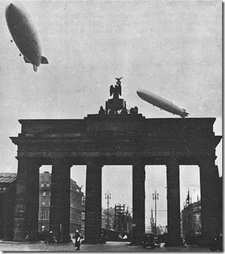 Hindenburg and Graf over Brandenburg Gate b-w