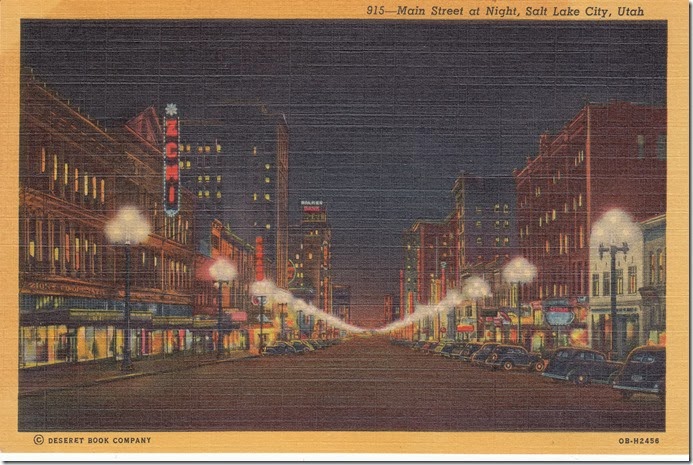 Main Street at Night, Salt Lake City Postcard pg. 1 - 1940