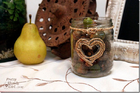 diy projects with jute--glass jar decorated with jute heart and knot