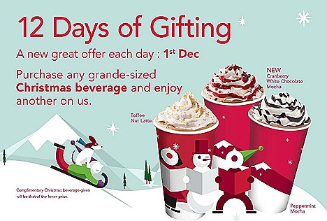 Starbucks Christmas beverage Toffee Nut Latte, Peppermint Mocha, Cranberry White Chocolate Mocha – hot, iced or Frappuccino