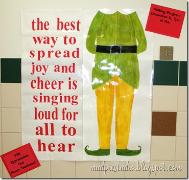 Elf bulletin board idea from mudpiereviews.blogspot.com #holiday #Christmas #school #music
