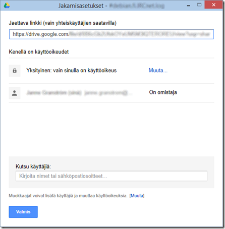Google Driven työpöytäsovelluksen tiedostonjakoikkuna (Lisäasetukset).