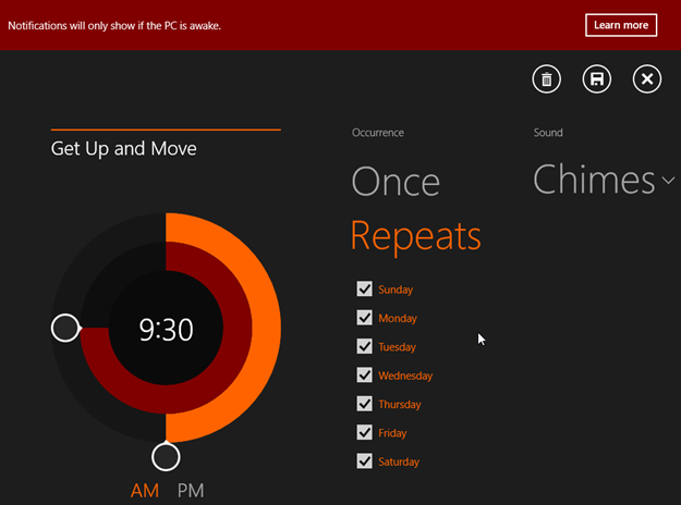 Nice looking/modern and to the point Windows 8 Alarms metro app