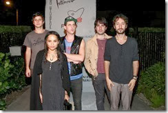 MIAMI BEACH, FL - DECEMBER 03: (L-R) Raviv Ullman, Zoe Kravitz, James Levy, a guest, and Jimmy Giannopoulos of Lolawolf attend the Porsche Design x Thierry Noir Art Basel Miami Beach Event at The Temple House on December 3, 2013 in Miami Beach, Florida.  (Photo by Neilson Barnard/Getty Images for Porsche Design)