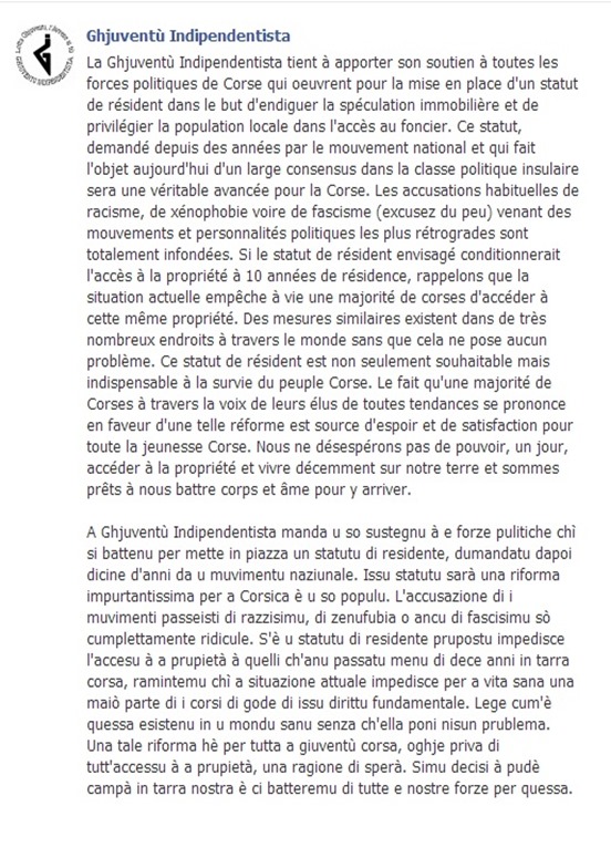 comunicat de premsa de la Joventut Independentista de Corsega