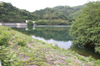 左岸よりダム湖側堤体とダム湖を望む