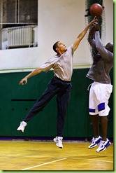 President Barack Obama plays basketball with personal aide Reggie Love at St Bartholomew's Church in New York City, where the President is attending the United Nations General Assembly,  Sept. 23, 2009.   (Official White House photo by Pete Souza)  This official White House photograph is being made available only for publication by news organizations and/or for personal use printing by the subject(s) of the photograph. The photograph may not be manipulated in any way and may not be used in commercial or political materials, advertisements, emails, products, promotions that in any way suggests approval or endorsement of the President, the First Family, or the White House.