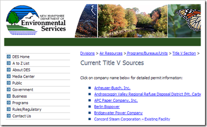 New Hampshire Department of Environmental Current Title V Sources