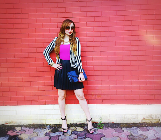 Forever 21 Leather Skater Skirt & H&M Striped Blazer