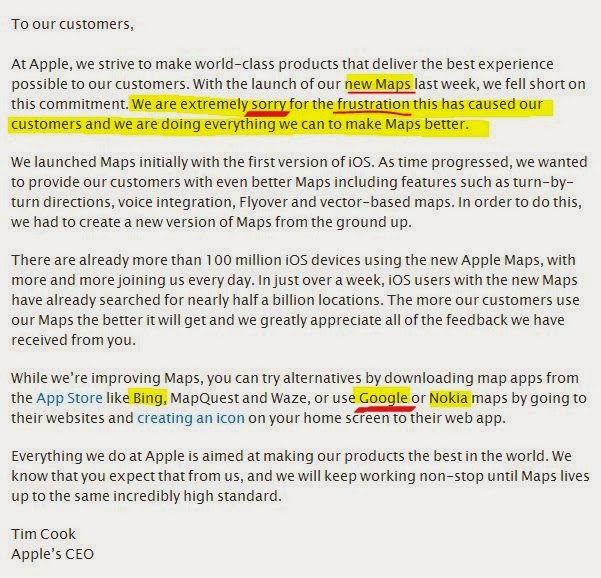 蘋果對於APPLE MAPS的道歉信