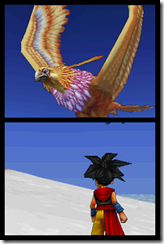 O protagonista olhando para um monstro raro, um grande pássaro, no céu... não sei por que, mas isso é muito familiar...