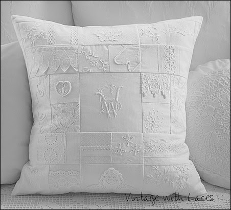 White Patchwork Pillow - Vintage with Laces