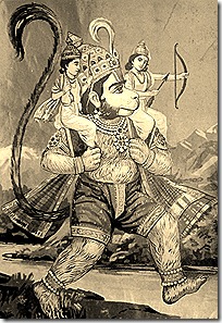 Hanuman holding Rama and Lakshmana