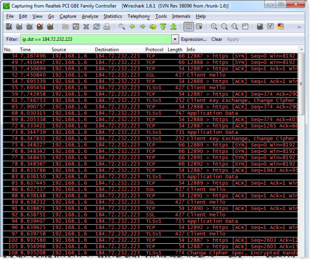 ASafaWeb TLS traffico visualizzato in Wireshark